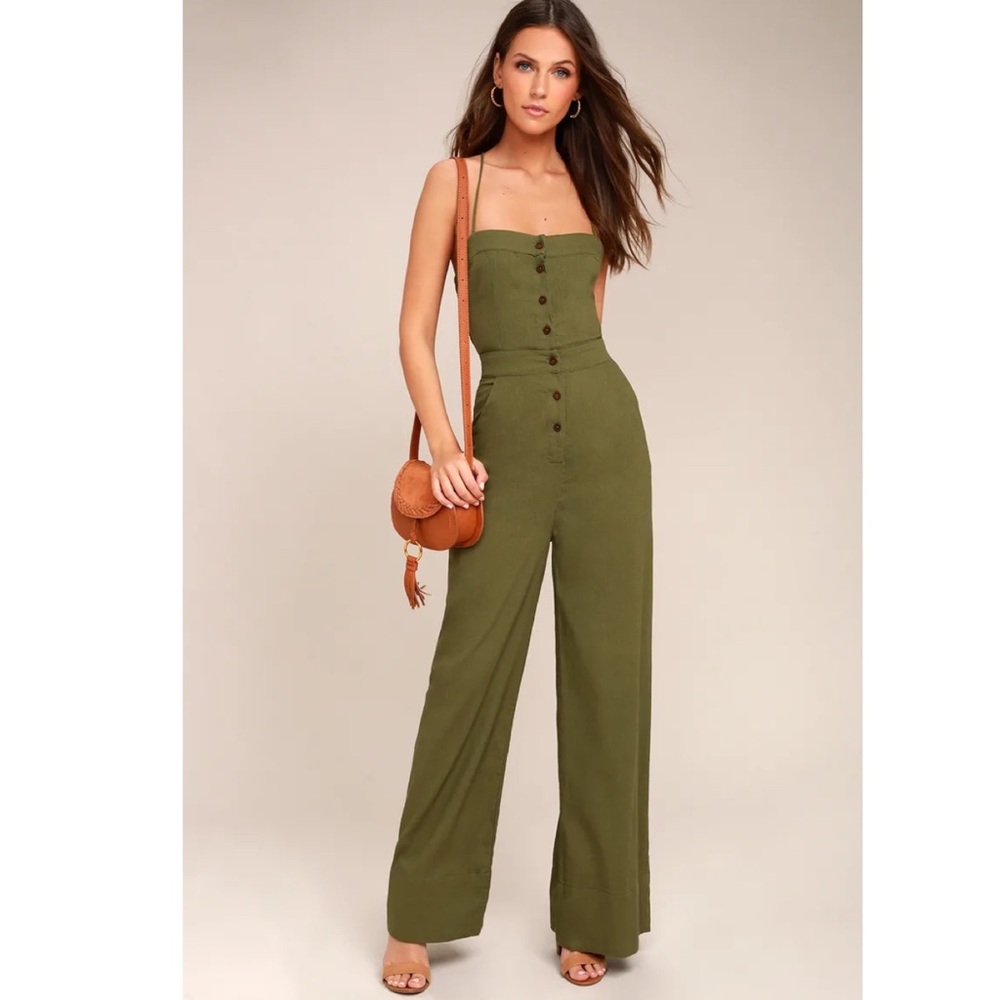 NWT Lulus Beach Day Olive Green Backless Jumpsuit